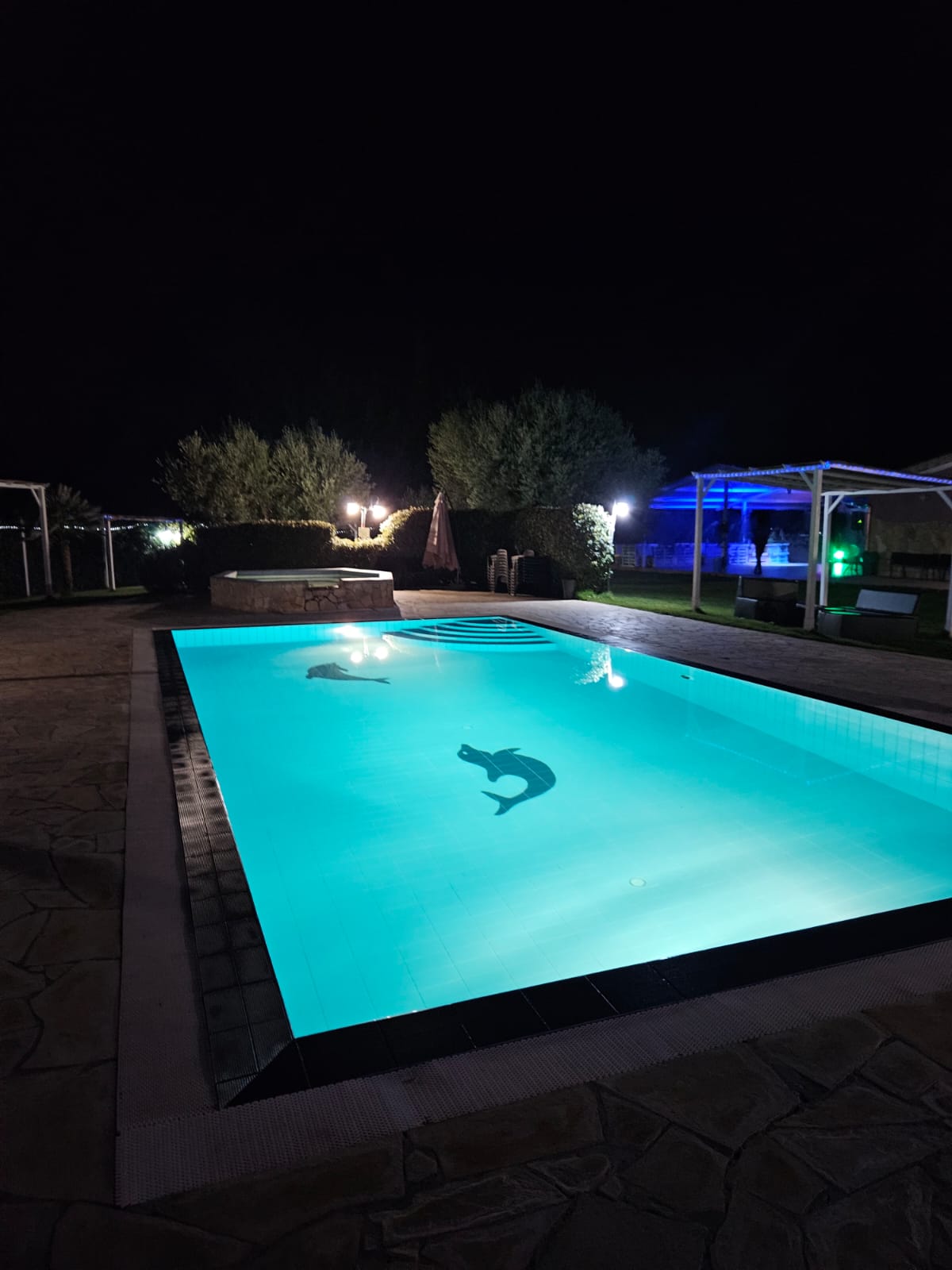 Piscina con pergole e lettini di giorno